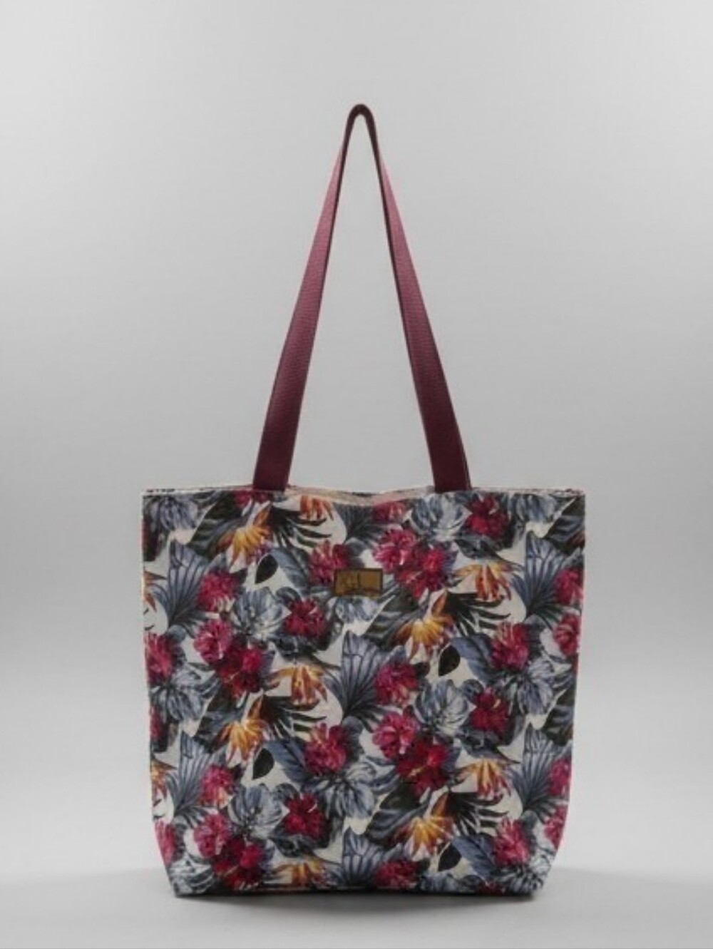 Tropical Floral Canvas Tote with Burgundy Straps
